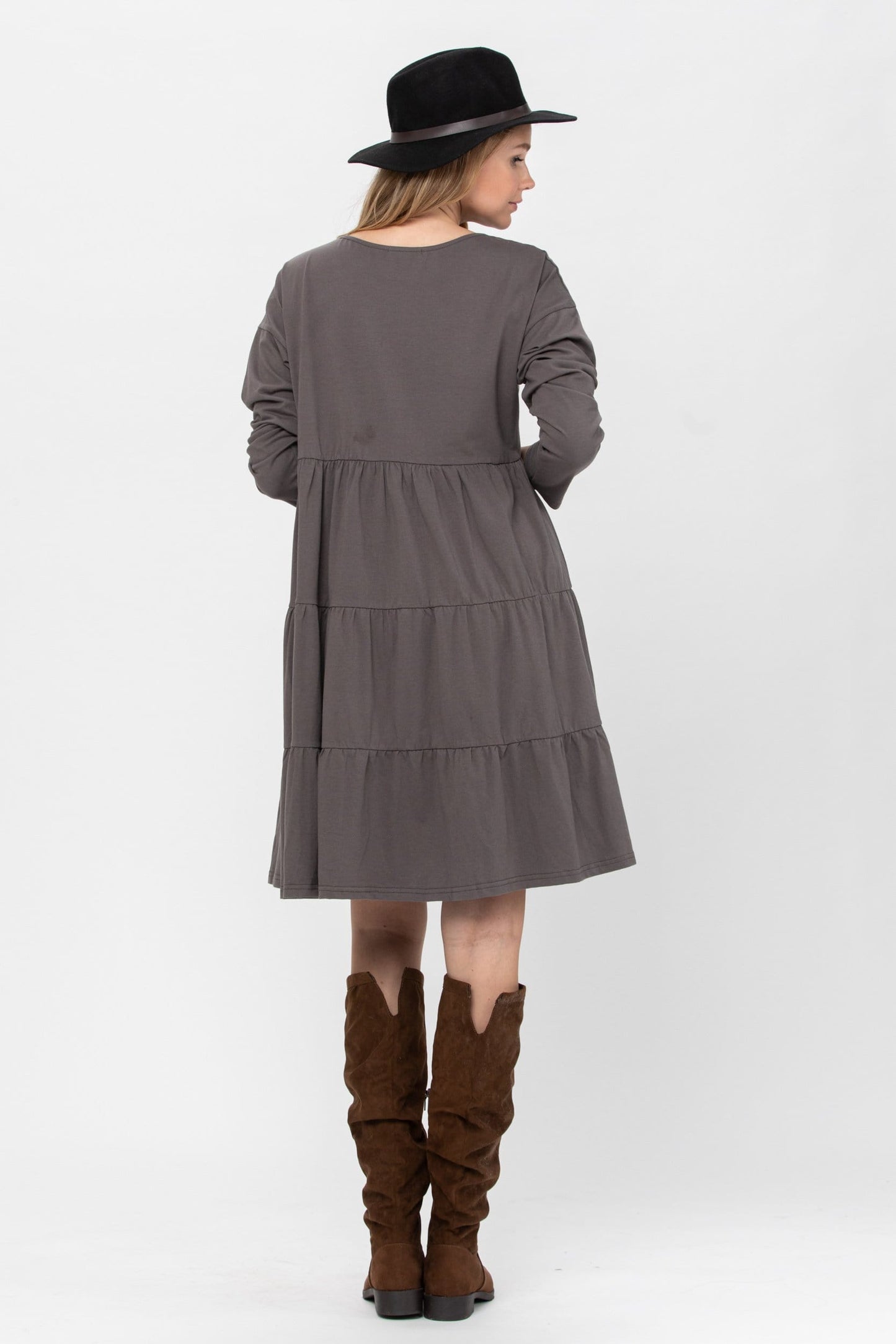 Long Sleeve 3 Tiered Casual Flared Cotton Mini Dress (US Shipping Only)