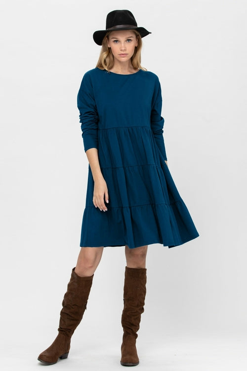 Long Sleeve 3 Tiered Casual Flared Cotton Mini Dress (US Shipping Only)