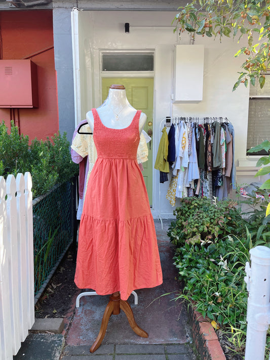 Coral Smocked Midi Sunset Whispers Dress (Australia Shipping Only)