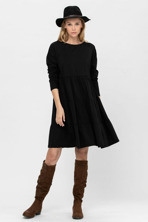 Long Sleeve 3 Tiered Casual Flared Cotton Mini Dress (US Shipping Only)