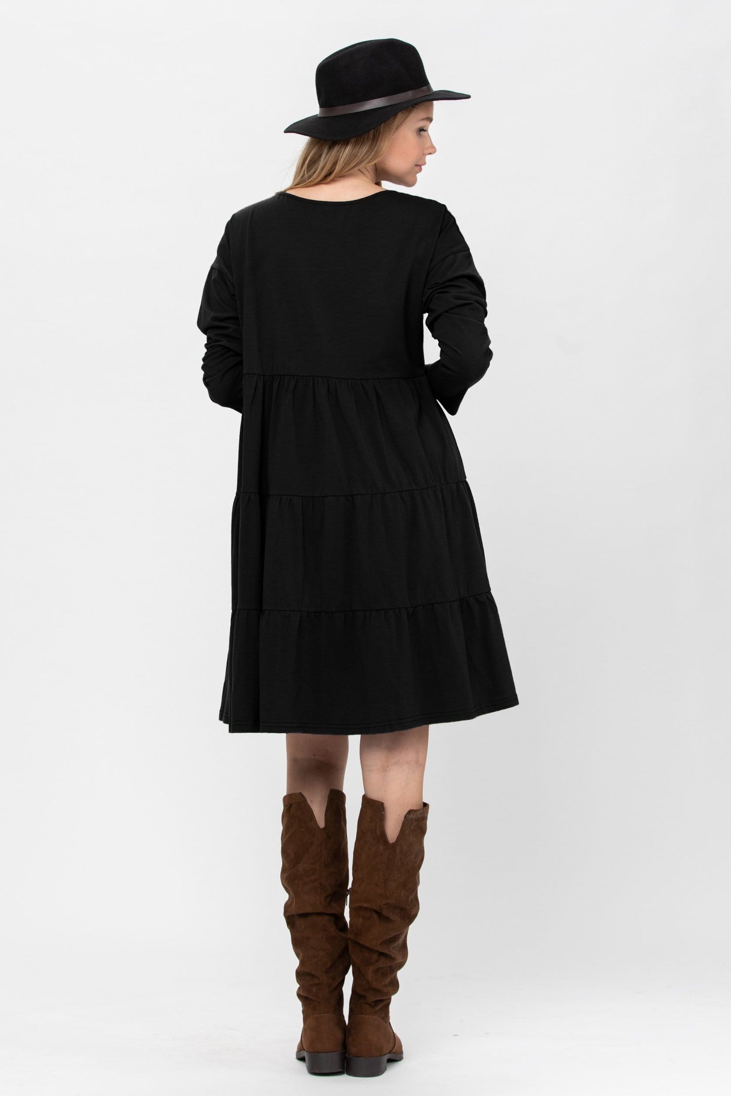 Long Sleeve 3 Tiered Casual Flared Cotton Mini Dress (US Shipping Only)