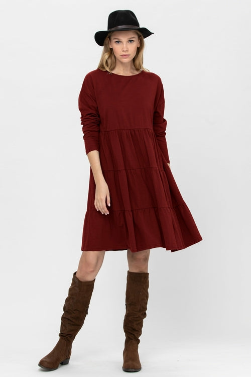 Long Sleeve 3 Tiered Casual Flared Cotton Mini Dress (US Shipping Only)