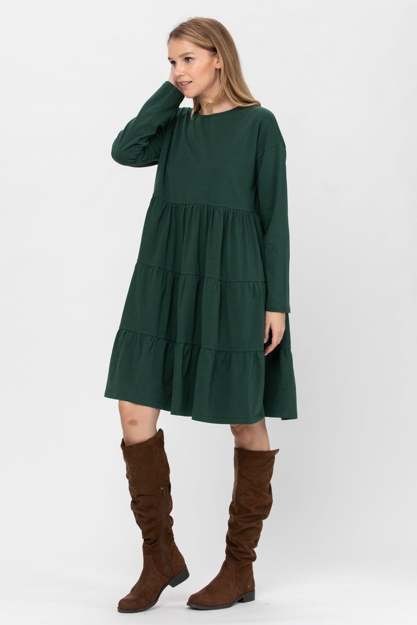 Long Sleeve 3 Tiered Casual Flared Cotton Mini Dress (US Shipping Only)