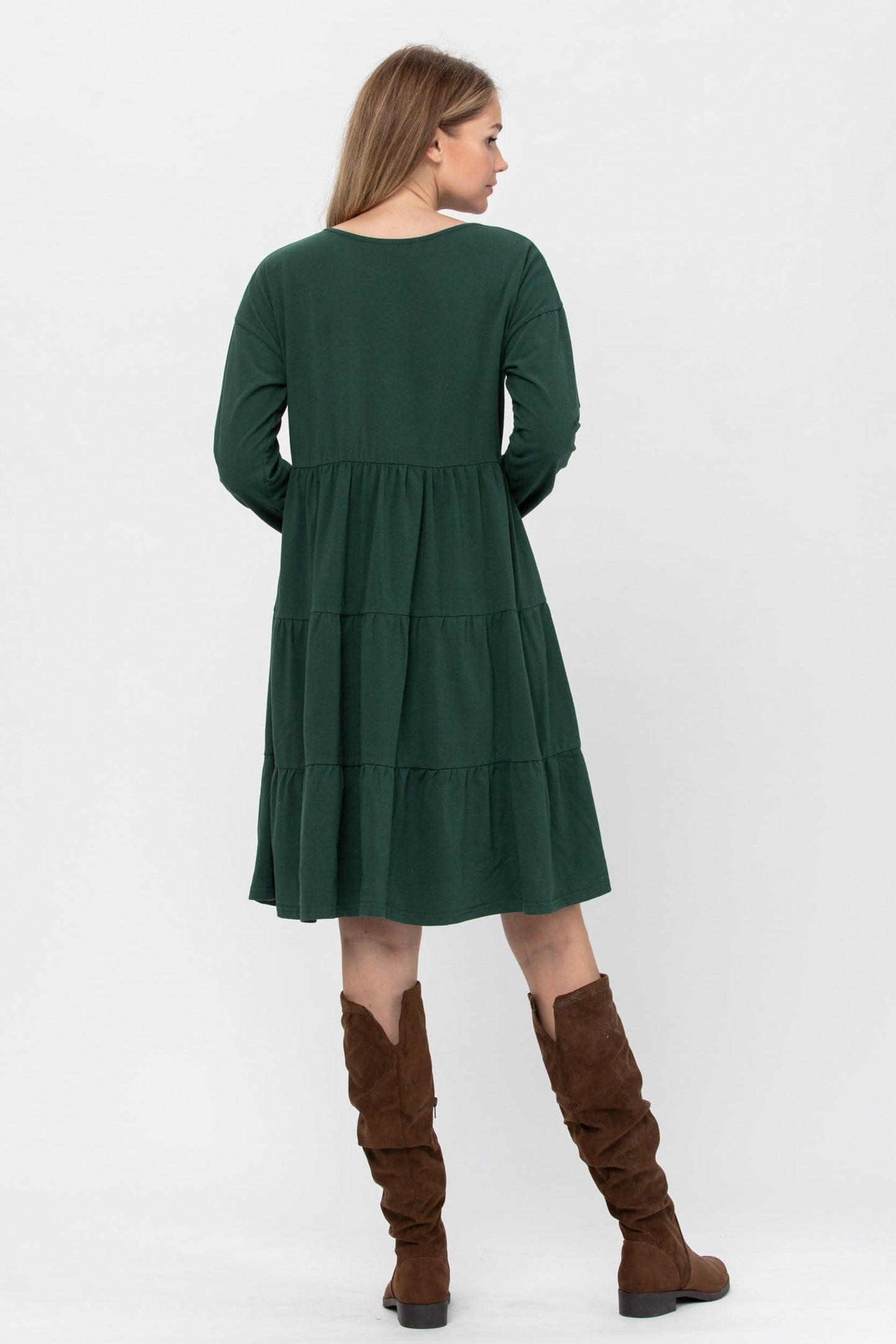 Long Sleeve 3 Tiered Casual Flared Cotton Mini Dress (US Shipping Only)