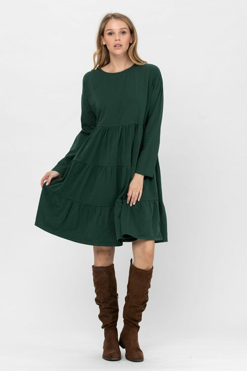 Long Sleeve 3 Tiered Casual Flared Cotton Mini Dress (US Shipping Only)