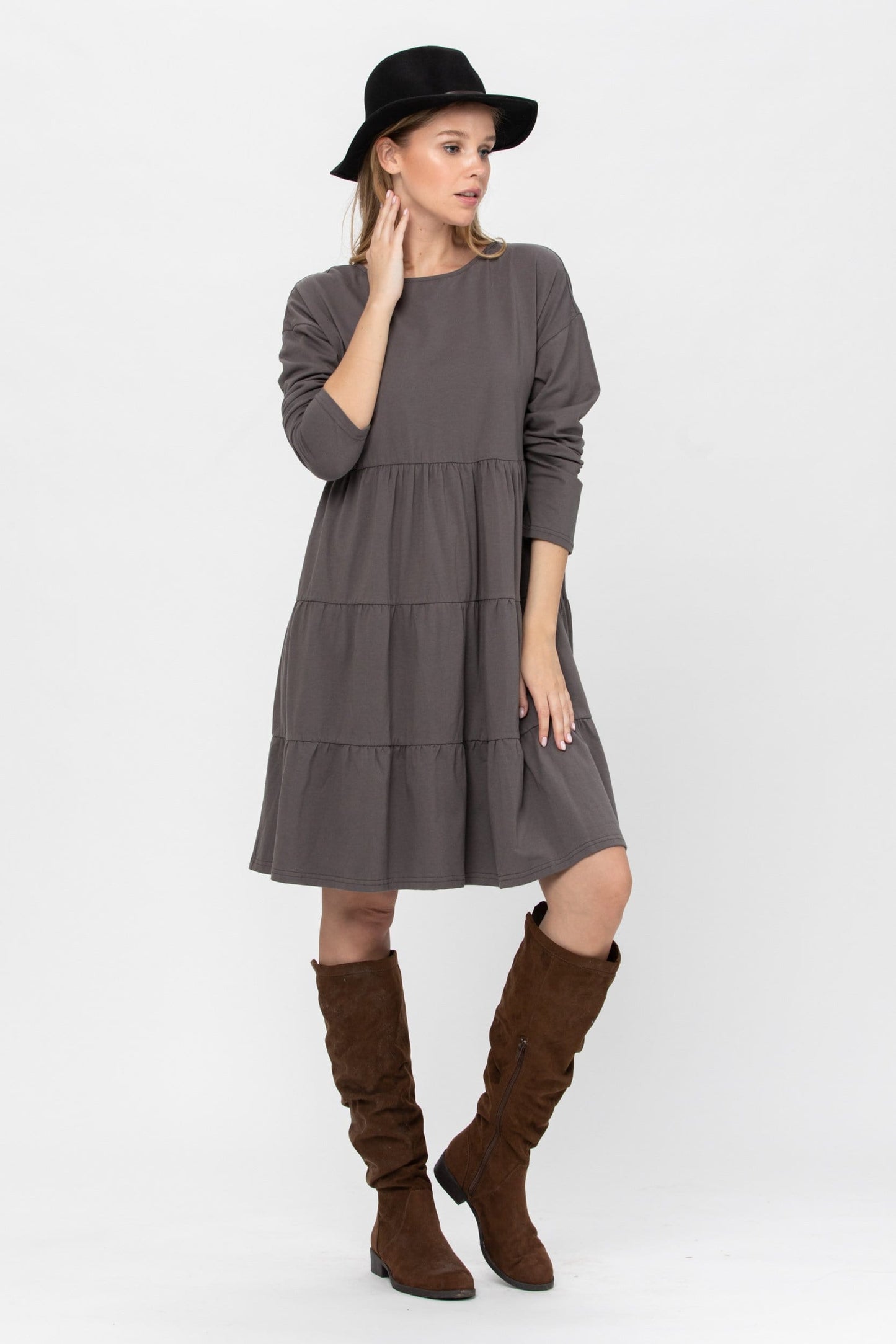 Long Sleeve 3 Tiered Casual Flared Cotton Mini Dress (US Shipping Only)