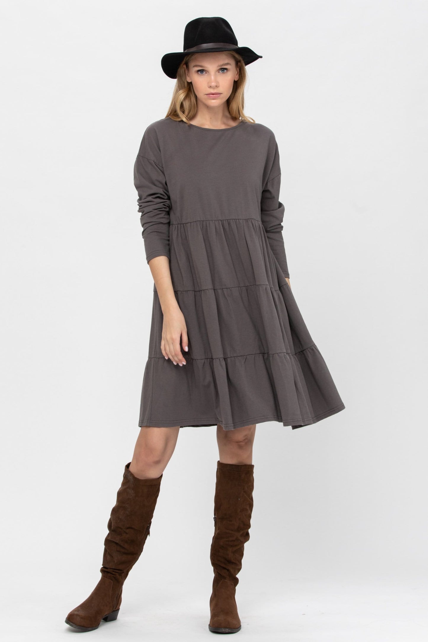 Long Sleeve 3 Tiered Casual Flared Cotton Mini Dress (US Shipping Only)