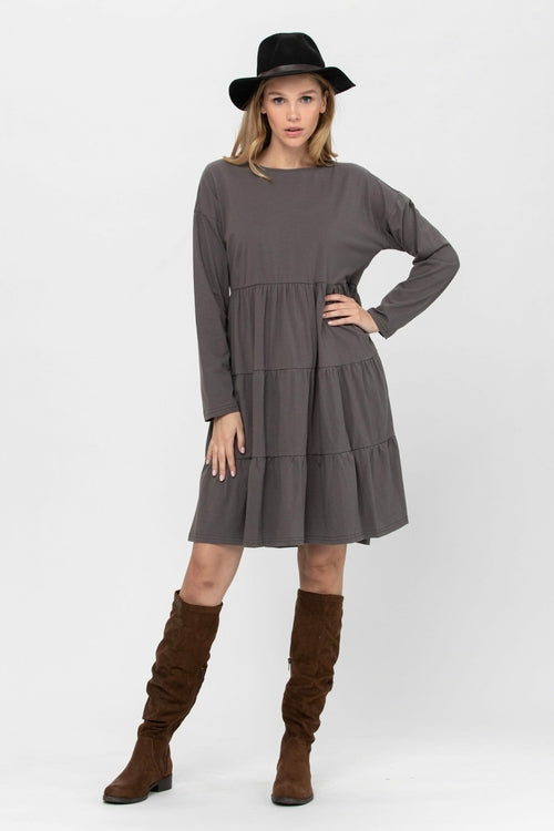 Long Sleeve 3 Tiered Casual Flared Cotton Mini Dress (US Shipping Only)