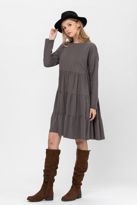 Long Sleeve 3 Tiered Casual Flared Cotton Mini Dress (US Shipping Only)