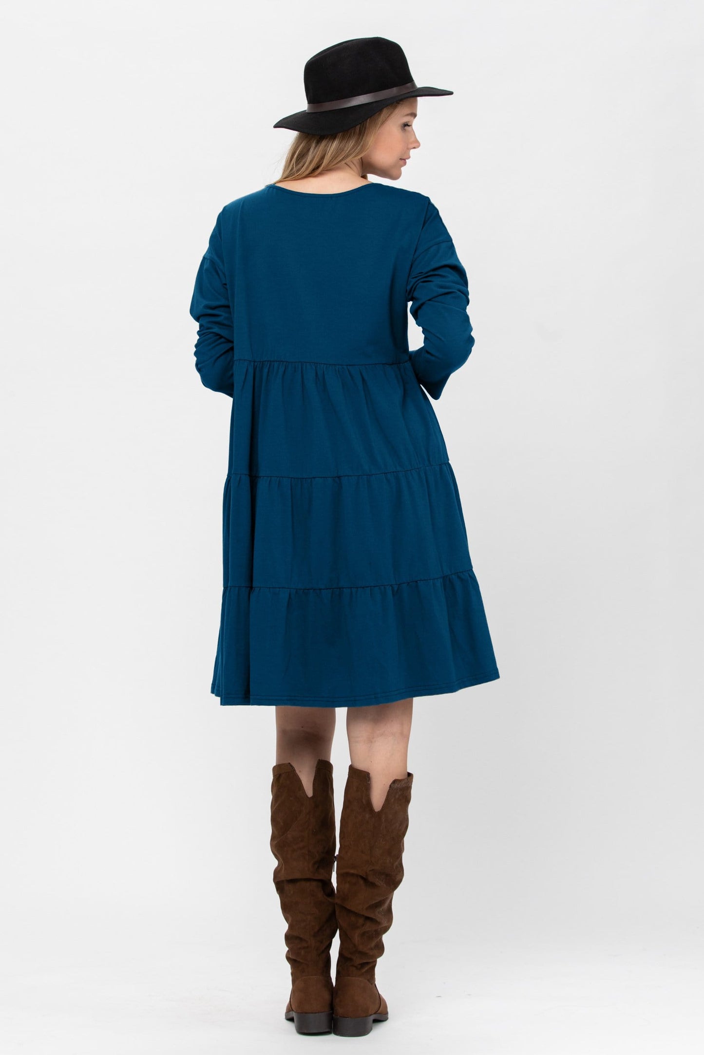 Long Sleeve 3 Tiered Casual Flared Cotton Mini Dress (US Shipping Only)
