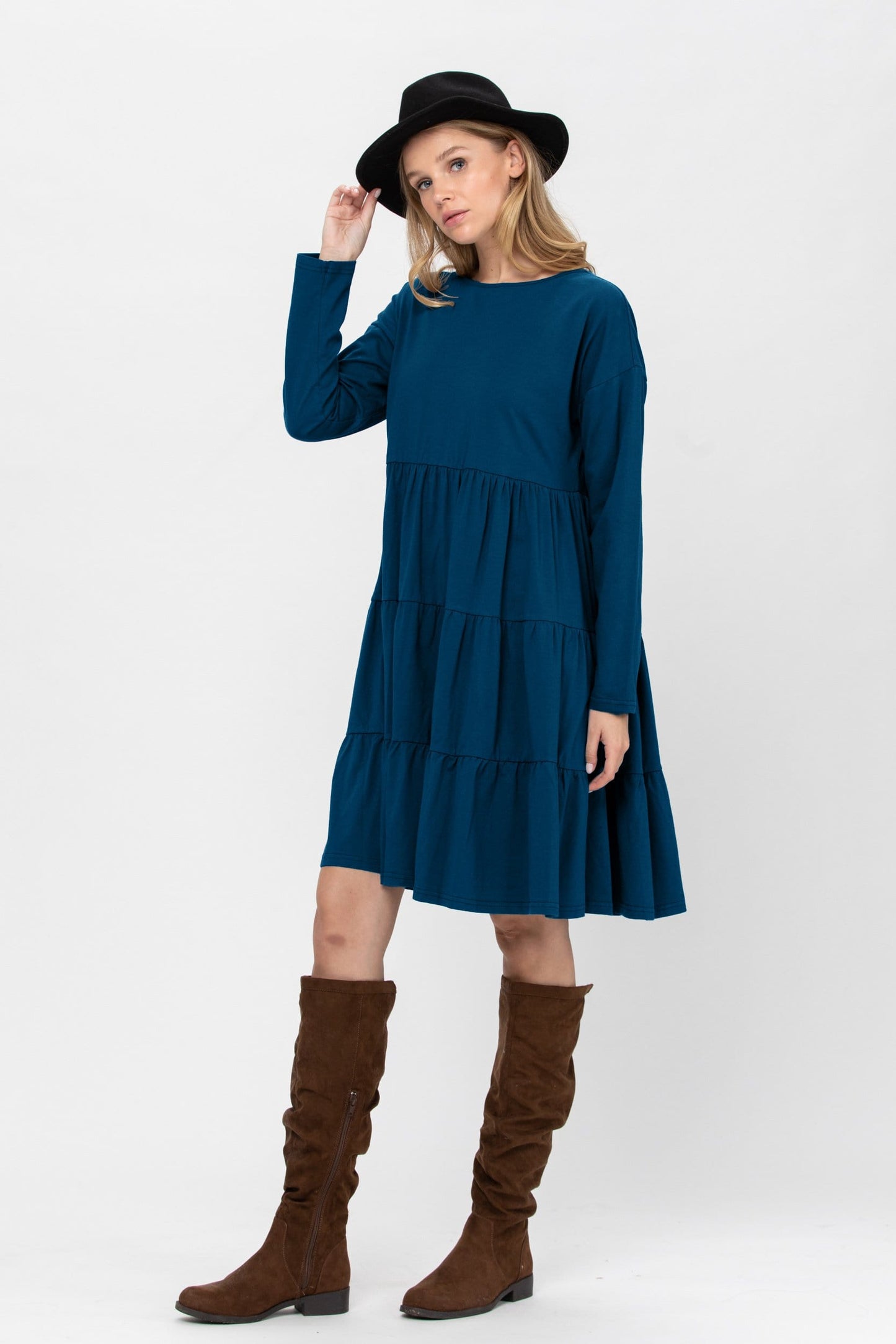 Long Sleeve 3 Tiered Casual Flared Cotton Mini Dress (US Shipping Only)