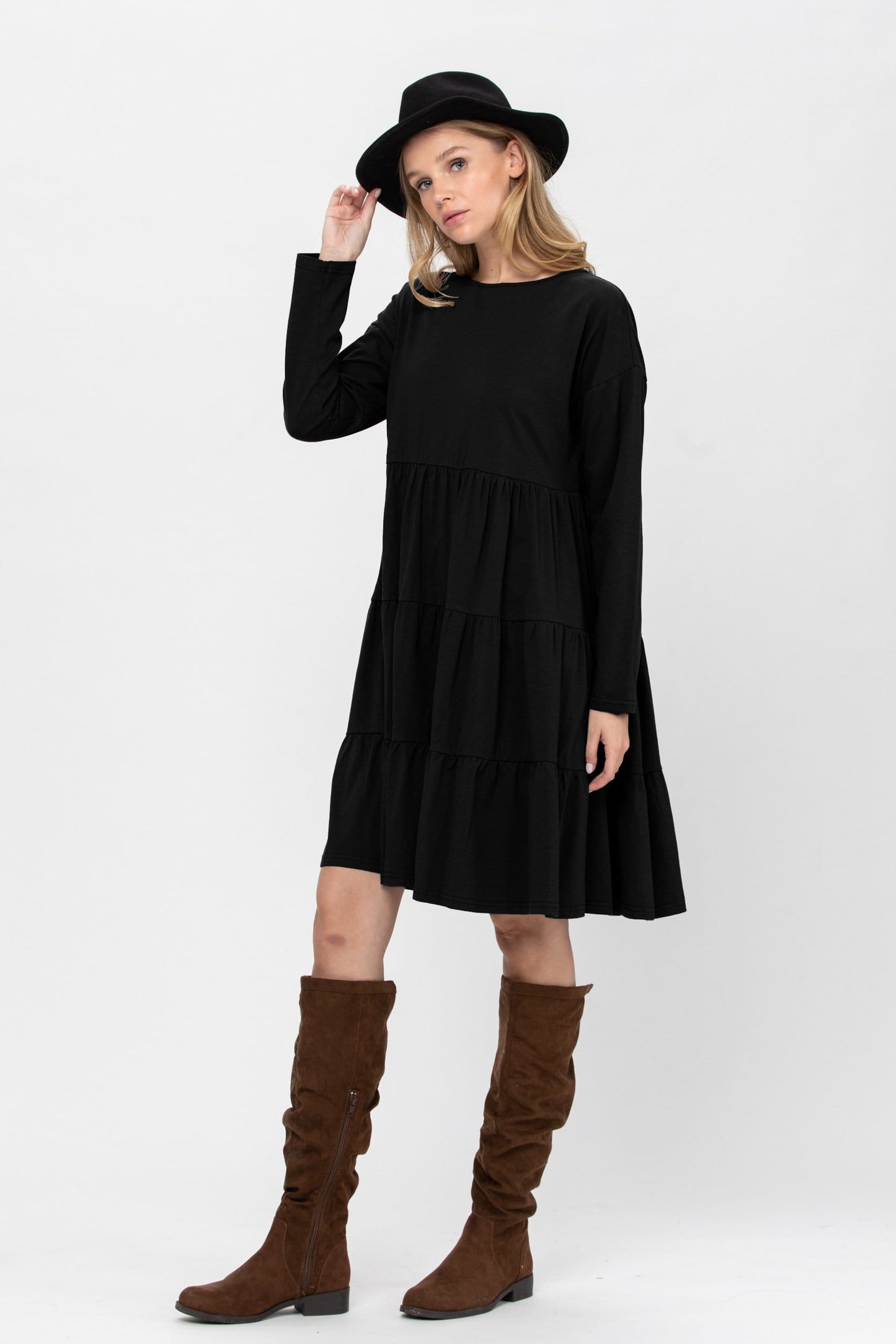 Long Sleeve 3 Tiered Casual Flared Cotton Mini Dress (US Shipping Only)