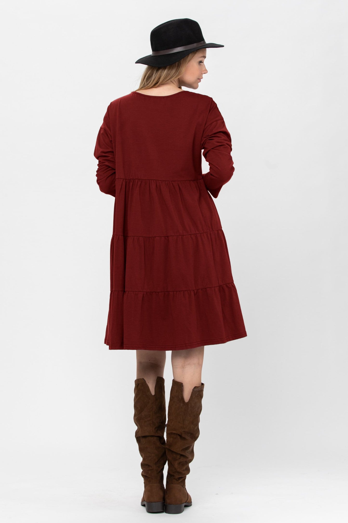 Long Sleeve 3 Tiered Casual Flared Cotton Mini Dress (US Shipping Only)