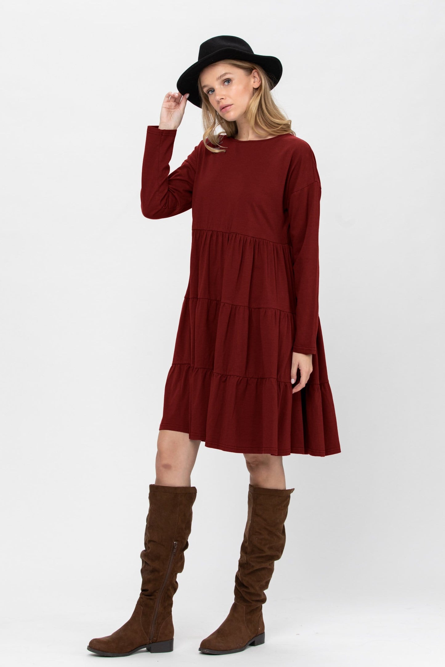 Long Sleeve 3 Tiered Casual Flared Cotton Mini Dress (US Shipping Only)